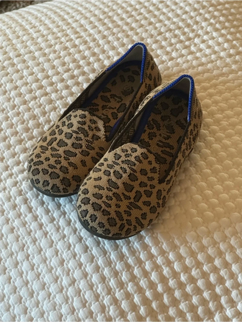 Rothy's Leopard Print Kids Ballet Flats with Blue Trim